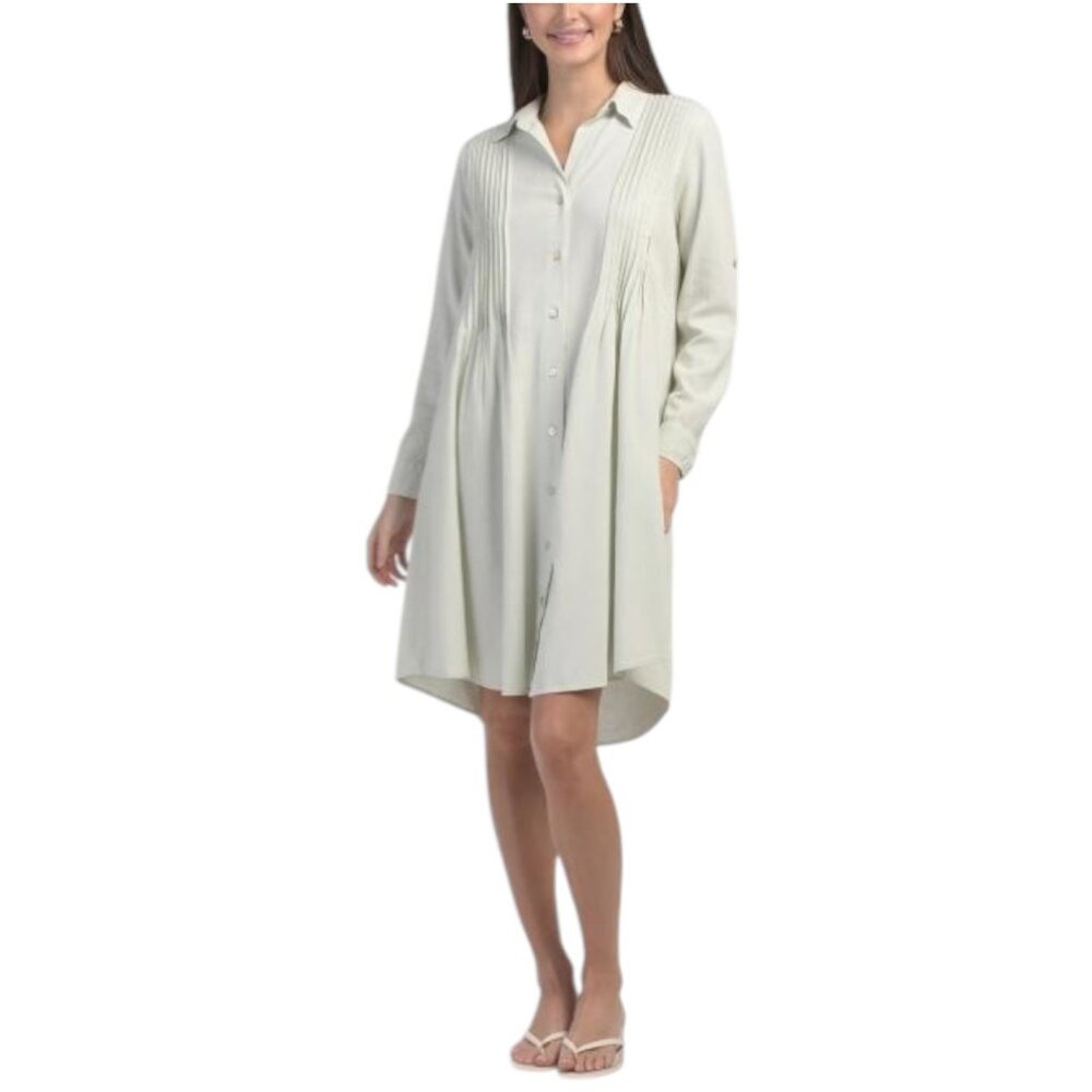 4 OUR DREAMERS Linen Blend Long Sleeve Micro Pleated Shirt Mini Dress
